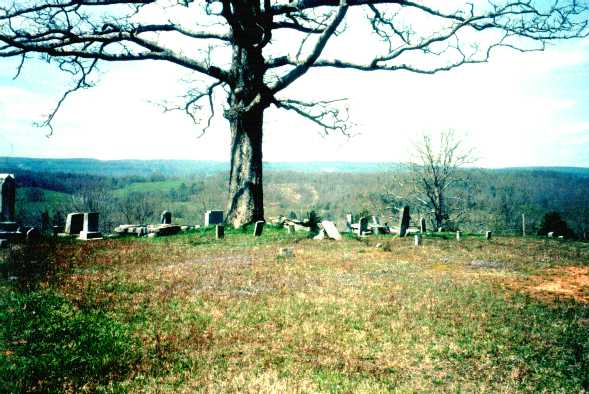 Shows a general view of the Hixson Cemetery. The headstones are all set around a tree.